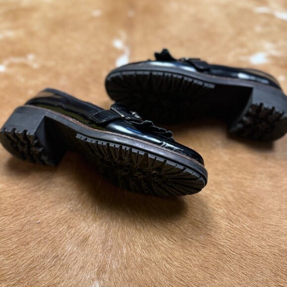 Wonders Black Leather Fringe Loafers Women’s Size 36 Chunky Sole Lug Heel - Picture 4 of 9